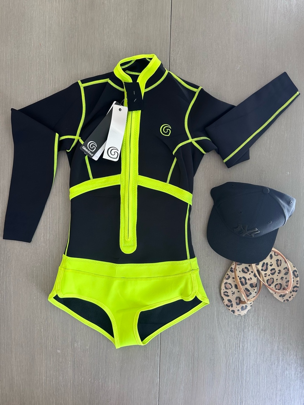 GlideSoul Vintage Women’s Bold Black & Neon Springsuit  — Ready for the Water!